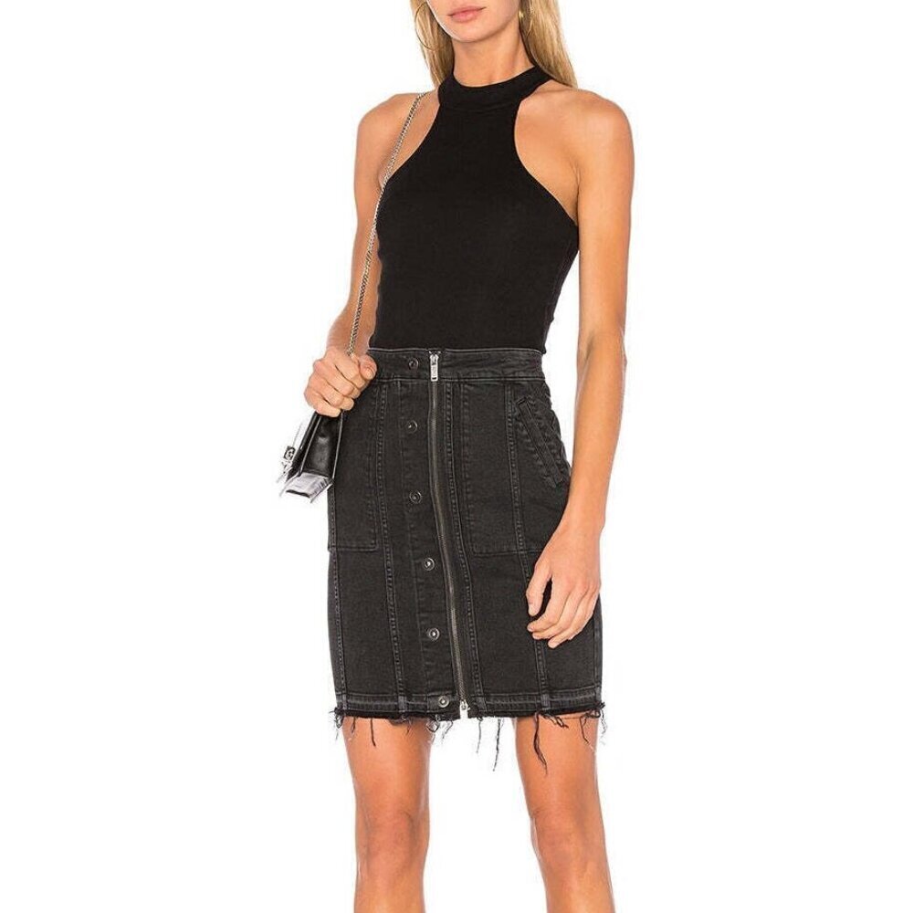 DL1961 Poppy Mini Denim Skirt Black Stretch High Rise Raw Hem Large